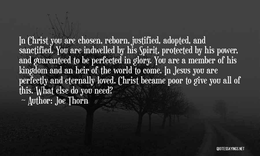 Joe Thorn Quotes: In Christ You Are Chosen, Reborn, Justified, Adopted, And Sanctified. You Are Indwelled By His Spirit, Protected By His Power,