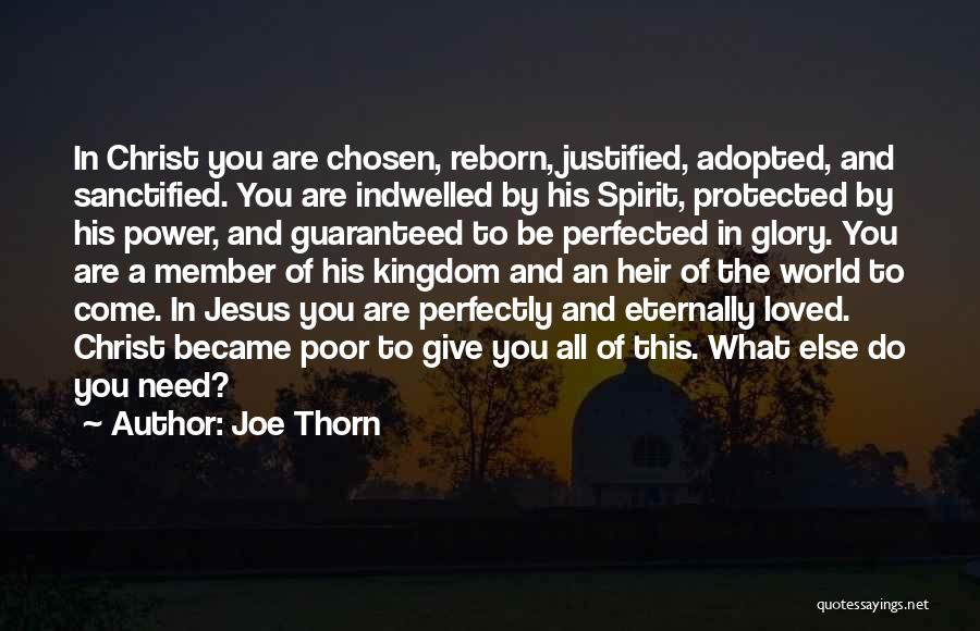 Joe Thorn Quotes: In Christ You Are Chosen, Reborn, Justified, Adopted, And Sanctified. You Are Indwelled By His Spirit, Protected By His Power,