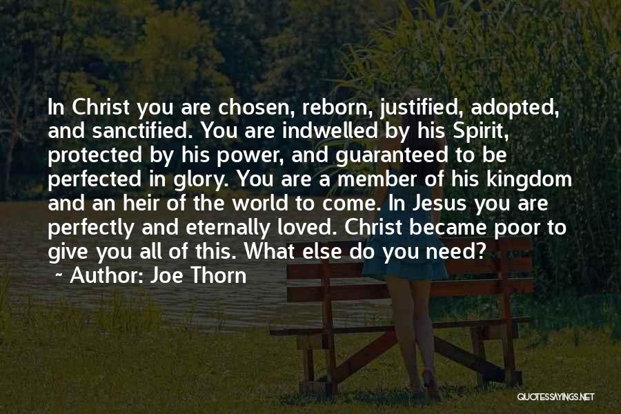 Joe Thorn Quotes: In Christ You Are Chosen, Reborn, Justified, Adopted, And Sanctified. You Are Indwelled By His Spirit, Protected By His Power,