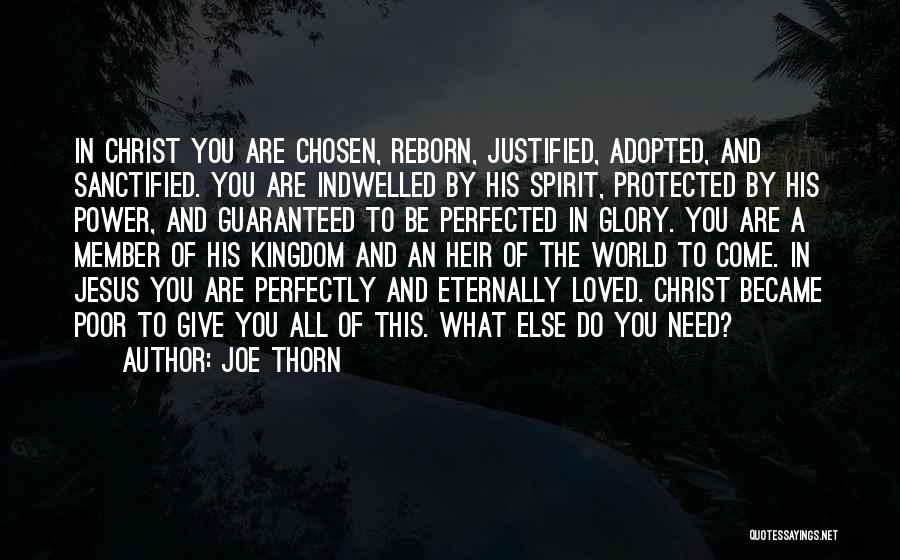 Joe Thorn Quotes: In Christ You Are Chosen, Reborn, Justified, Adopted, And Sanctified. You Are Indwelled By His Spirit, Protected By His Power,