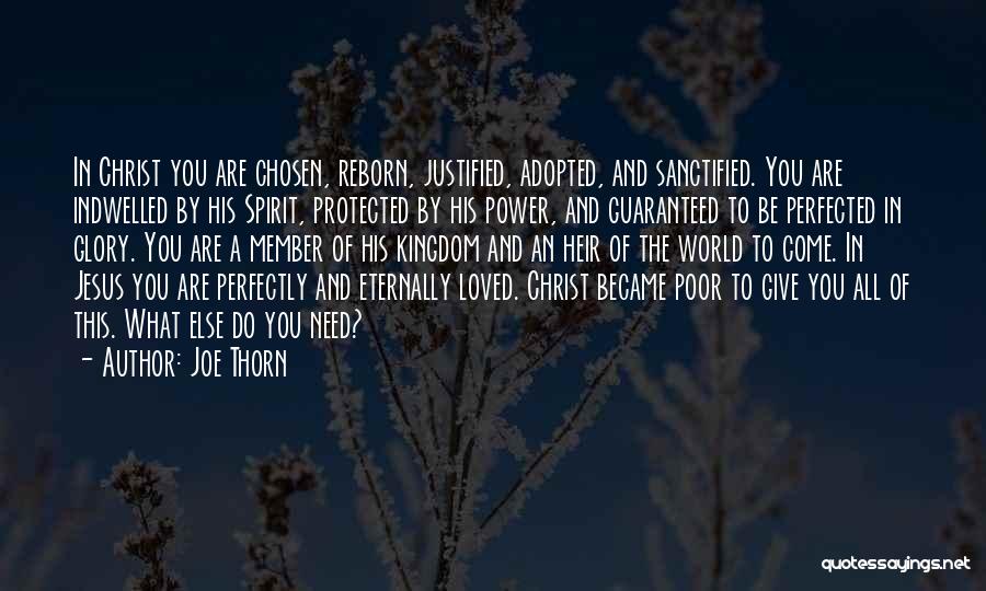 Joe Thorn Quotes: In Christ You Are Chosen, Reborn, Justified, Adopted, And Sanctified. You Are Indwelled By His Spirit, Protected By His Power,