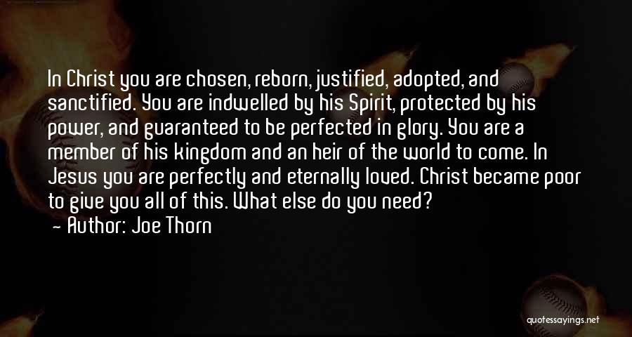 Joe Thorn Quotes: In Christ You Are Chosen, Reborn, Justified, Adopted, And Sanctified. You Are Indwelled By His Spirit, Protected By His Power,