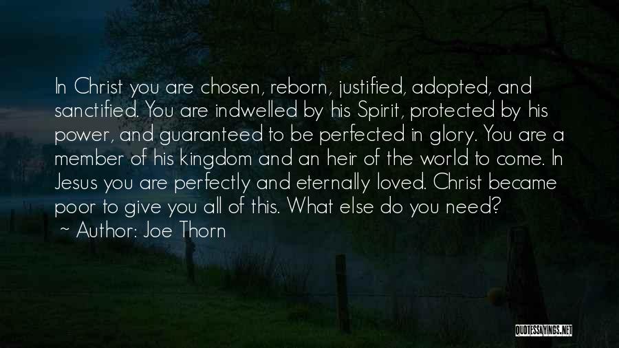 Joe Thorn Quotes: In Christ You Are Chosen, Reborn, Justified, Adopted, And Sanctified. You Are Indwelled By His Spirit, Protected By His Power,