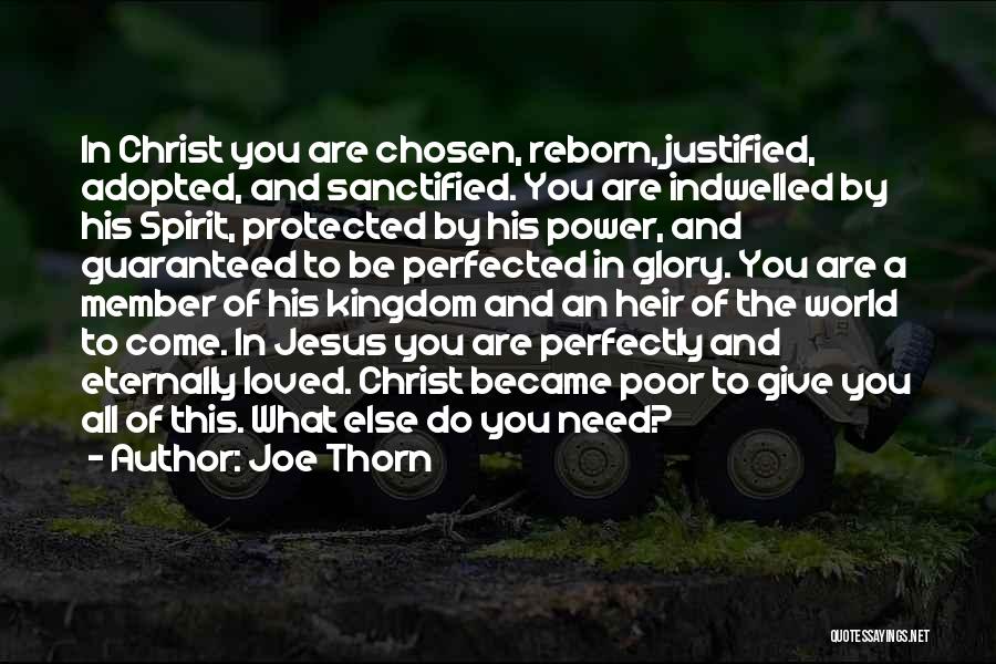 Joe Thorn Quotes: In Christ You Are Chosen, Reborn, Justified, Adopted, And Sanctified. You Are Indwelled By His Spirit, Protected By His Power,