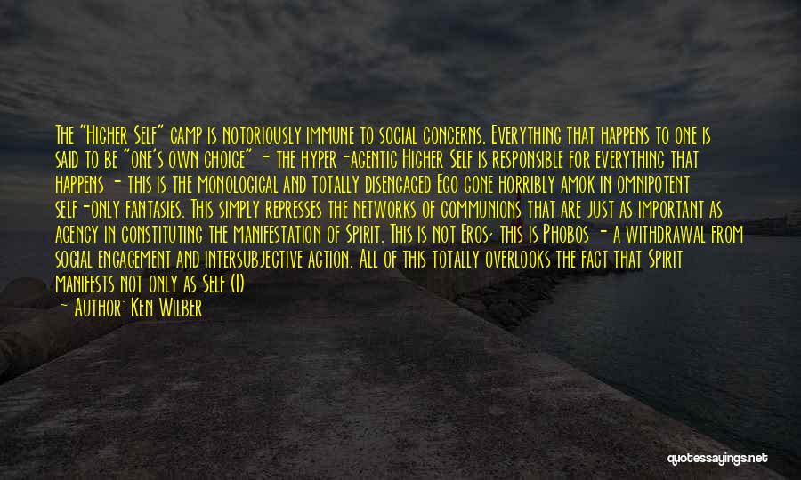 Ken Wilber Quotes: The Higher Self Camp Is Notoriously Immune To Social Concerns. Everything That Happens To One Is Said To Be One's