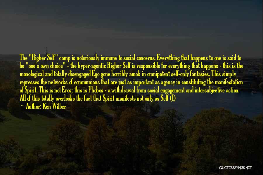 Ken Wilber Quotes: The Higher Self Camp Is Notoriously Immune To Social Concerns. Everything That Happens To One Is Said To Be One's