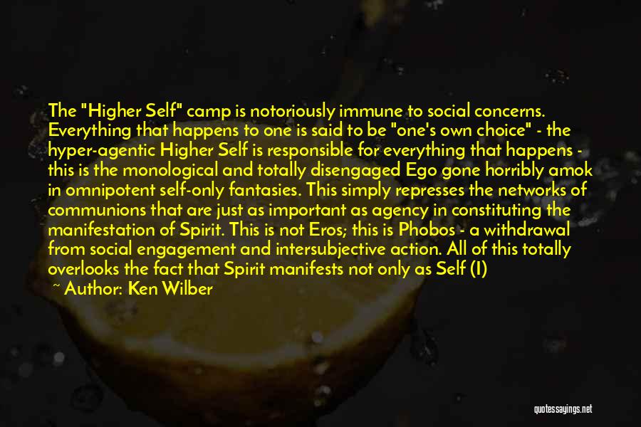 Ken Wilber Quotes: The Higher Self Camp Is Notoriously Immune To Social Concerns. Everything That Happens To One Is Said To Be One's