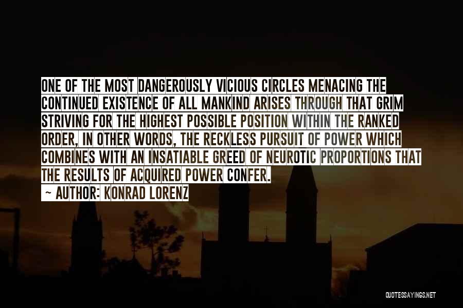 Konrad Lorenz Quotes: One Of The Most Dangerously Vicious Circles Menacing The Continued Existence Of All Mankind Arises Through That Grim Striving For