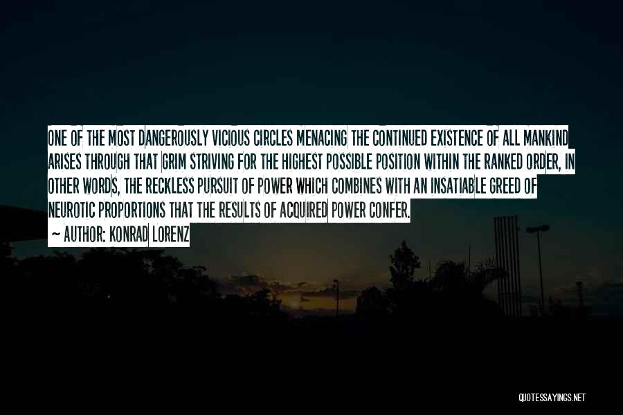 Konrad Lorenz Quotes: One Of The Most Dangerously Vicious Circles Menacing The Continued Existence Of All Mankind Arises Through That Grim Striving For