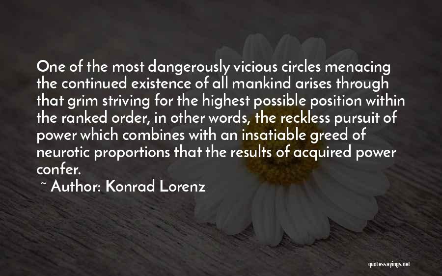 Konrad Lorenz Quotes: One Of The Most Dangerously Vicious Circles Menacing The Continued Existence Of All Mankind Arises Through That Grim Striving For