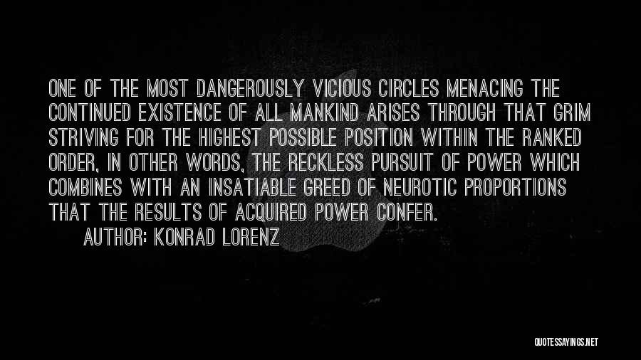 Konrad Lorenz Quotes: One Of The Most Dangerously Vicious Circles Menacing The Continued Existence Of All Mankind Arises Through That Grim Striving For