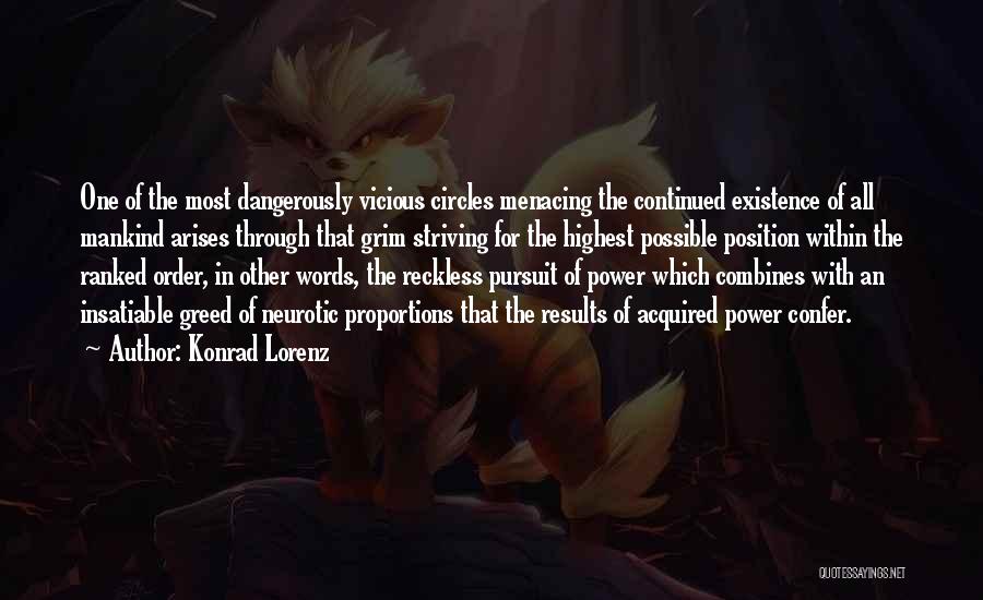 Konrad Lorenz Quotes: One Of The Most Dangerously Vicious Circles Menacing The Continued Existence Of All Mankind Arises Through That Grim Striving For