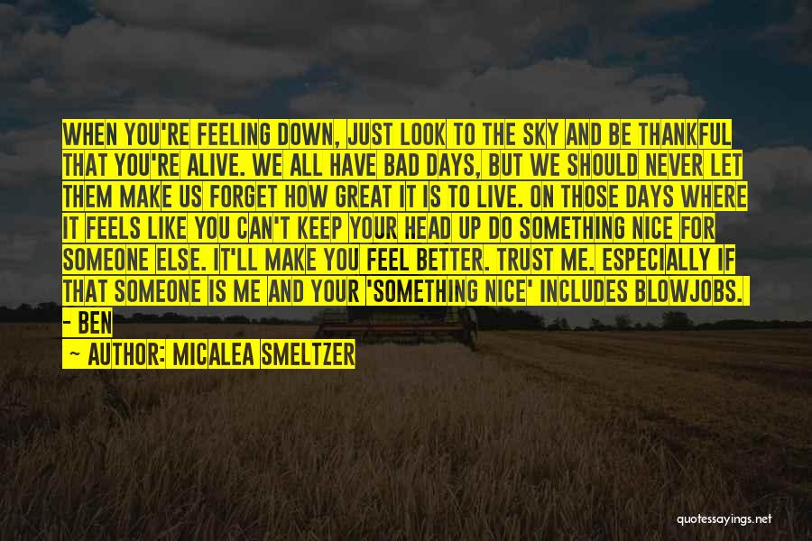 Micalea Smeltzer Quotes: When You're Feeling Down, Just Look To The Sky And Be Thankful That You're Alive. We All Have Bad Days,