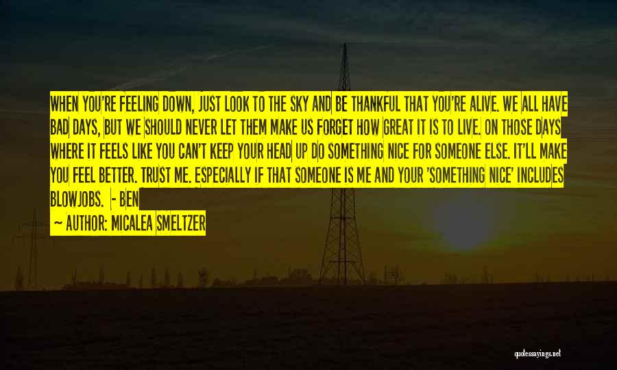 Micalea Smeltzer Quotes: When You're Feeling Down, Just Look To The Sky And Be Thankful That You're Alive. We All Have Bad Days,