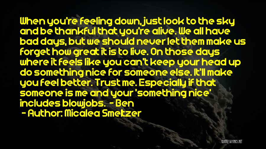 Micalea Smeltzer Quotes: When You're Feeling Down, Just Look To The Sky And Be Thankful That You're Alive. We All Have Bad Days,