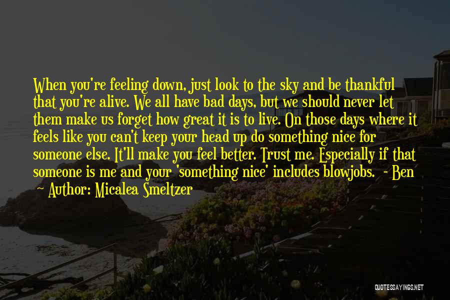 Micalea Smeltzer Quotes: When You're Feeling Down, Just Look To The Sky And Be Thankful That You're Alive. We All Have Bad Days,