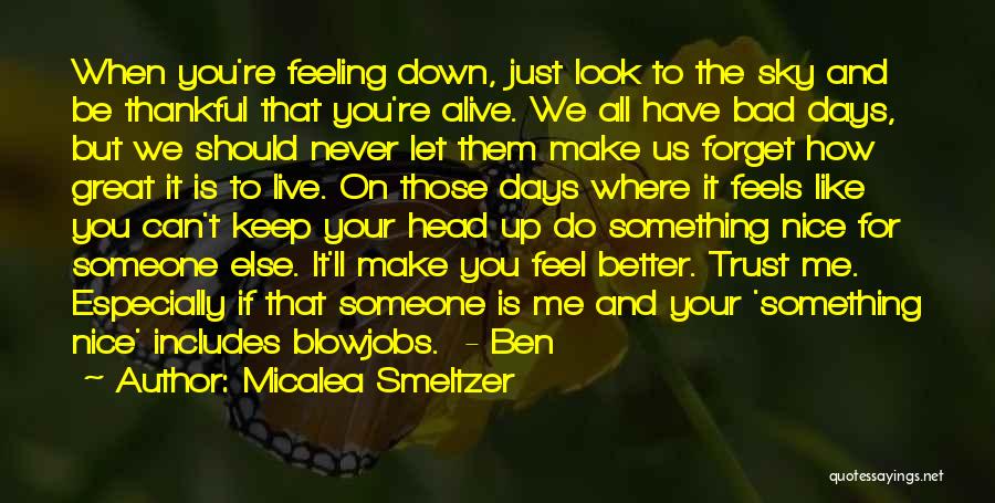 Micalea Smeltzer Quotes: When You're Feeling Down, Just Look To The Sky And Be Thankful That You're Alive. We All Have Bad Days,