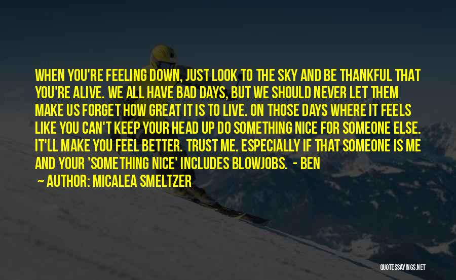 Micalea Smeltzer Quotes: When You're Feeling Down, Just Look To The Sky And Be Thankful That You're Alive. We All Have Bad Days,