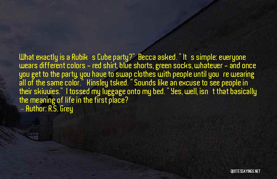 R.S. Grey Quotes: What Exactly Is A Rubik's Cube Party? Becca Asked. It's Simple: Everyone Wears Different Colors - Red Shirt, Blue Shorts,