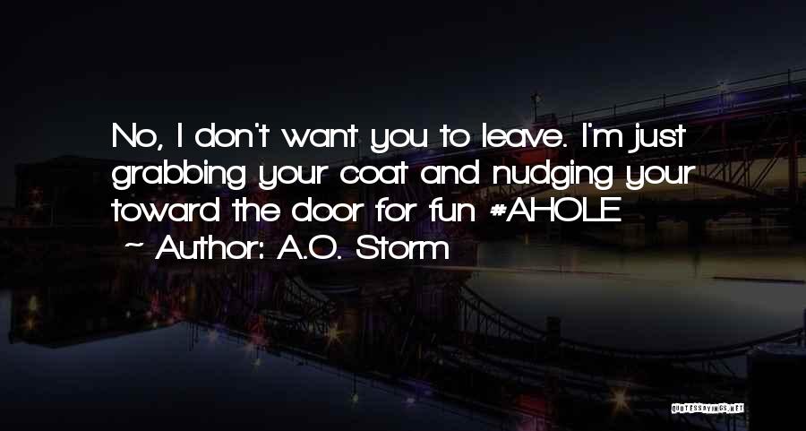 A.O. Storm Quotes: No, I Don't Want You To Leave. I'm Just Grabbing Your Coat And Nudging Your Toward The Door For Fun