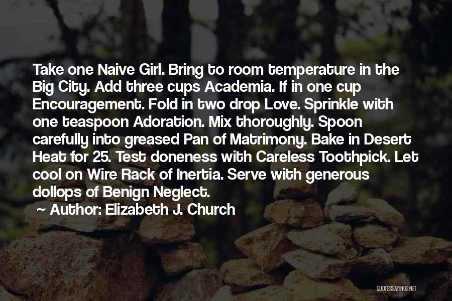 Elizabeth J. Church Quotes: Take One Naive Girl. Bring To Room Temperature In The Big City. Add Three Cups Academia. If In One Cup