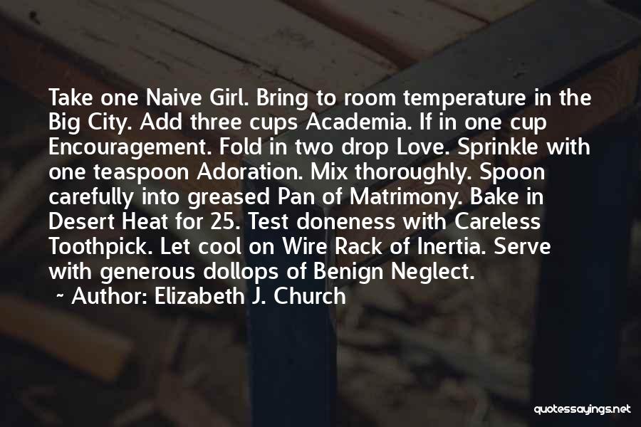 Elizabeth J. Church Quotes: Take One Naive Girl. Bring To Room Temperature In The Big City. Add Three Cups Academia. If In One Cup