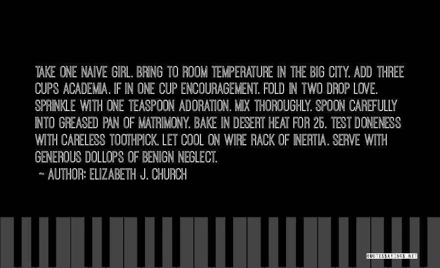 Elizabeth J. Church Quotes: Take One Naive Girl. Bring To Room Temperature In The Big City. Add Three Cups Academia. If In One Cup