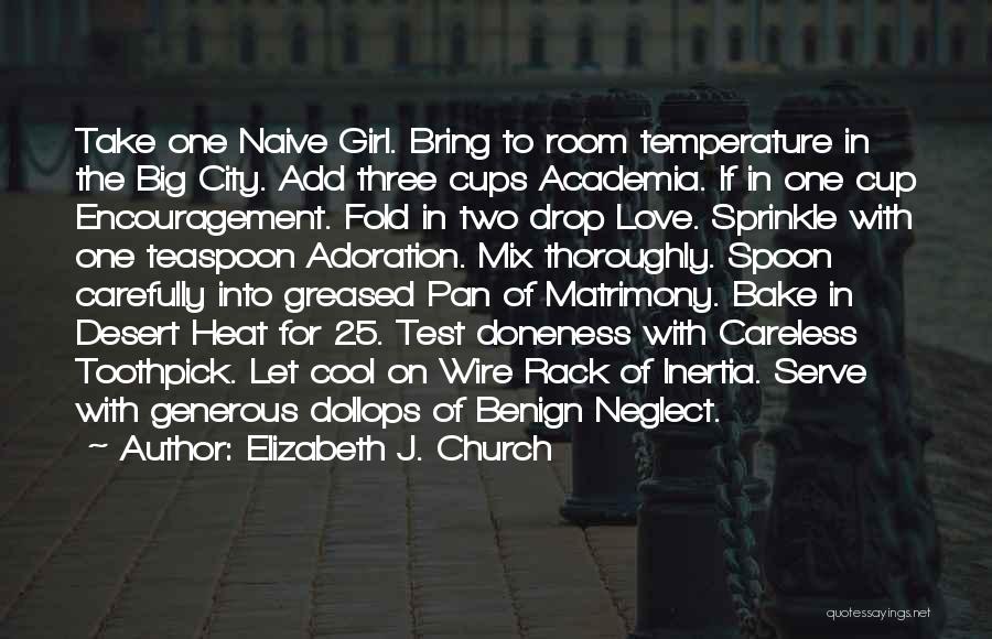 Elizabeth J. Church Quotes: Take One Naive Girl. Bring To Room Temperature In The Big City. Add Three Cups Academia. If In One Cup