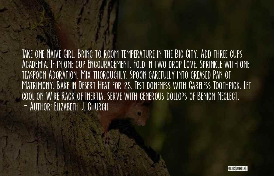 Elizabeth J. Church Quotes: Take One Naive Girl. Bring To Room Temperature In The Big City. Add Three Cups Academia. If In One Cup