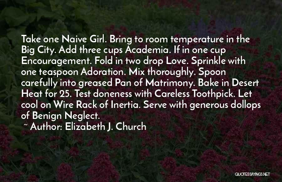 Elizabeth J. Church Quotes: Take One Naive Girl. Bring To Room Temperature In The Big City. Add Three Cups Academia. If In One Cup