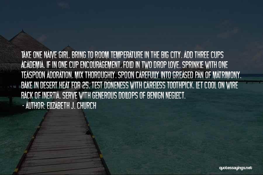 Elizabeth J. Church Quotes: Take One Naive Girl. Bring To Room Temperature In The Big City. Add Three Cups Academia. If In One Cup