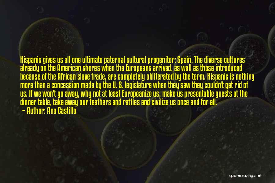 Ana Castillo Quotes: Hispanic Gives Us All One Ultimate Paternal Cultural Progenitor: Spain. The Diverse Cultures Already On The American Shores When The