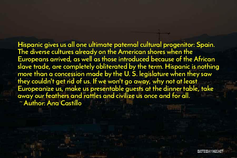 Ana Castillo Quotes: Hispanic Gives Us All One Ultimate Paternal Cultural Progenitor: Spain. The Diverse Cultures Already On The American Shores When The