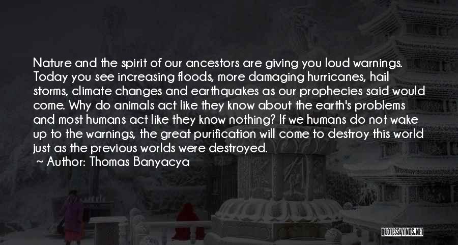 Thomas Banyacya Quotes: Nature And The Spirit Of Our Ancestors Are Giving You Loud Warnings. Today You See Increasing Floods, More Damaging Hurricanes,