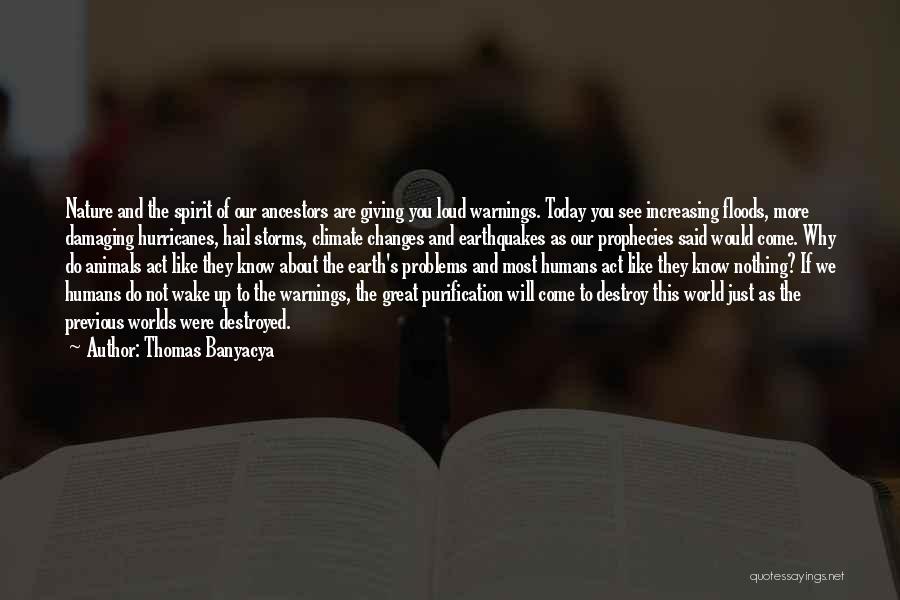 Thomas Banyacya Quotes: Nature And The Spirit Of Our Ancestors Are Giving You Loud Warnings. Today You See Increasing Floods, More Damaging Hurricanes,