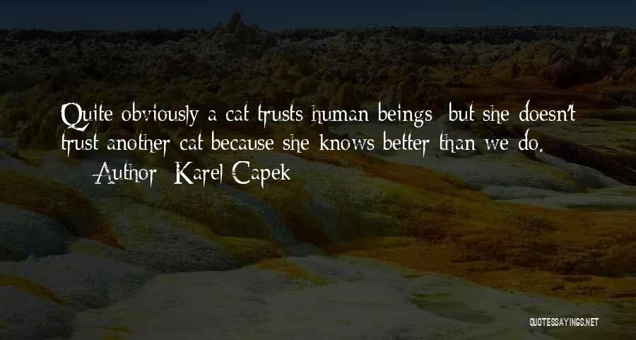 Karel Capek Quotes: Quite Obviously A Cat Trusts Human Beings; But She Doesn't Trust Another Cat Because She Knows Better Than We Do.