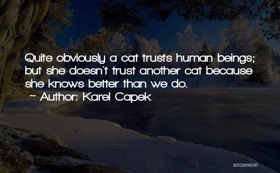 Karel Capek Quotes: Quite Obviously A Cat Trusts Human Beings; But She Doesn't Trust Another Cat Because She Knows Better Than We Do.