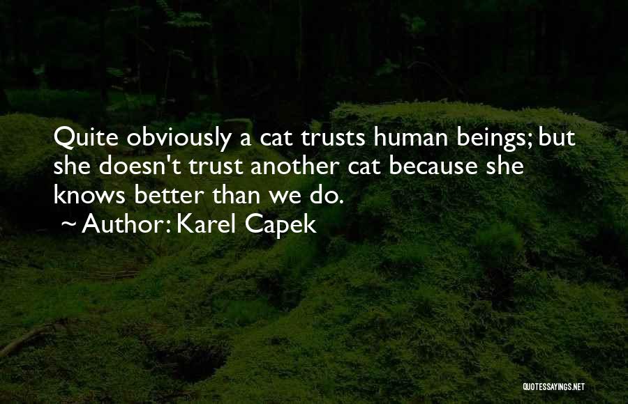 Karel Capek Quotes: Quite Obviously A Cat Trusts Human Beings; But She Doesn't Trust Another Cat Because She Knows Better Than We Do.