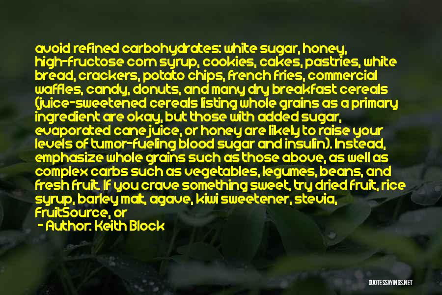 Keith Block Quotes: Avoid Refined Carbohydrates: White Sugar, Honey, High-fructose Corn Syrup, Cookies, Cakes, Pastries, White Bread, Crackers, Potato Chips, French Fries, Commercial