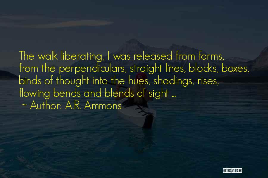 A.R. Ammons Quotes: The Walk Liberating, I Was Released From Forms, From The Perpendiculars, Straight Lines, Blocks, Boxes, Binds Of Thought Into The