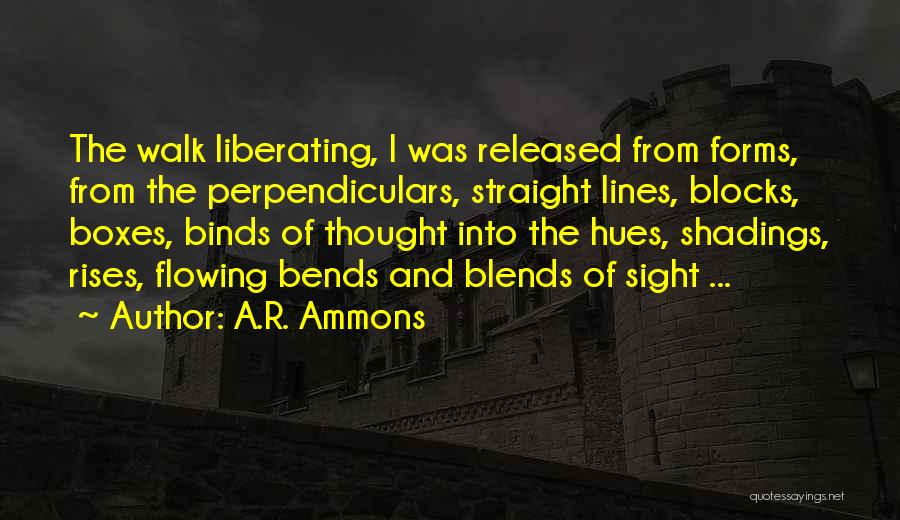 A.R. Ammons Quotes: The Walk Liberating, I Was Released From Forms, From The Perpendiculars, Straight Lines, Blocks, Boxes, Binds Of Thought Into The