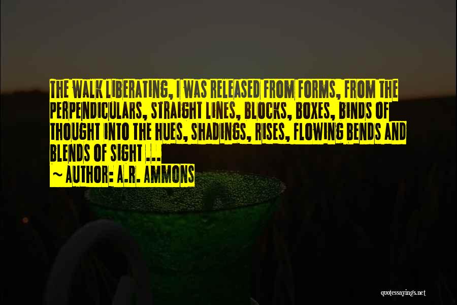 A.R. Ammons Quotes: The Walk Liberating, I Was Released From Forms, From The Perpendiculars, Straight Lines, Blocks, Boxes, Binds Of Thought Into The