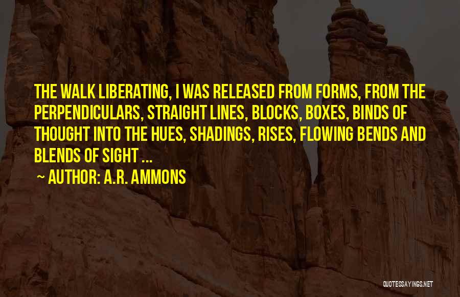 A.R. Ammons Quotes: The Walk Liberating, I Was Released From Forms, From The Perpendiculars, Straight Lines, Blocks, Boxes, Binds Of Thought Into The