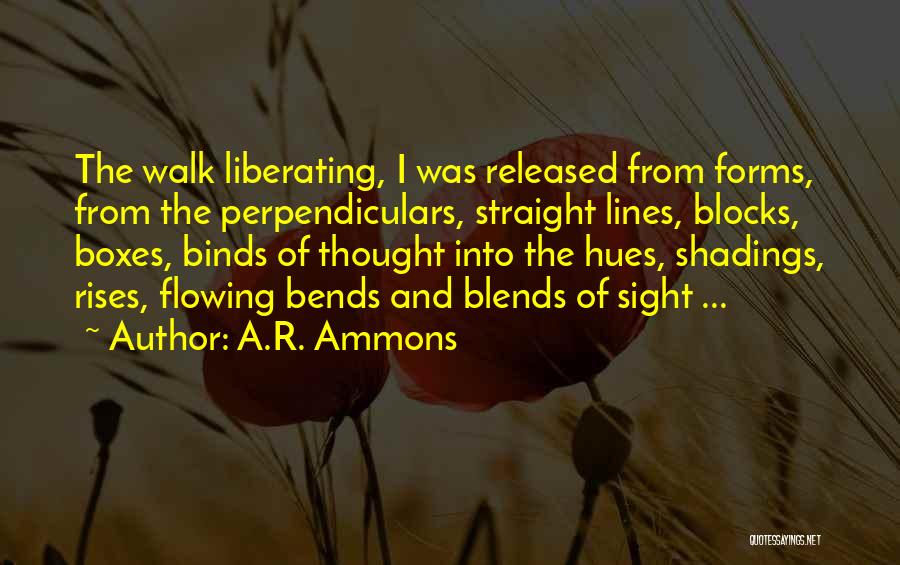 A.R. Ammons Quotes: The Walk Liberating, I Was Released From Forms, From The Perpendiculars, Straight Lines, Blocks, Boxes, Binds Of Thought Into The