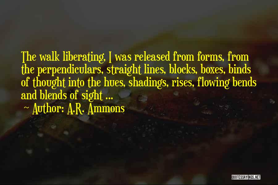 A.R. Ammons Quotes: The Walk Liberating, I Was Released From Forms, From The Perpendiculars, Straight Lines, Blocks, Boxes, Binds Of Thought Into The