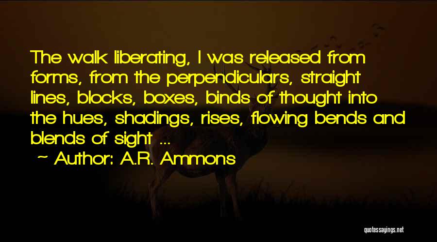 A.R. Ammons Quotes: The Walk Liberating, I Was Released From Forms, From The Perpendiculars, Straight Lines, Blocks, Boxes, Binds Of Thought Into The