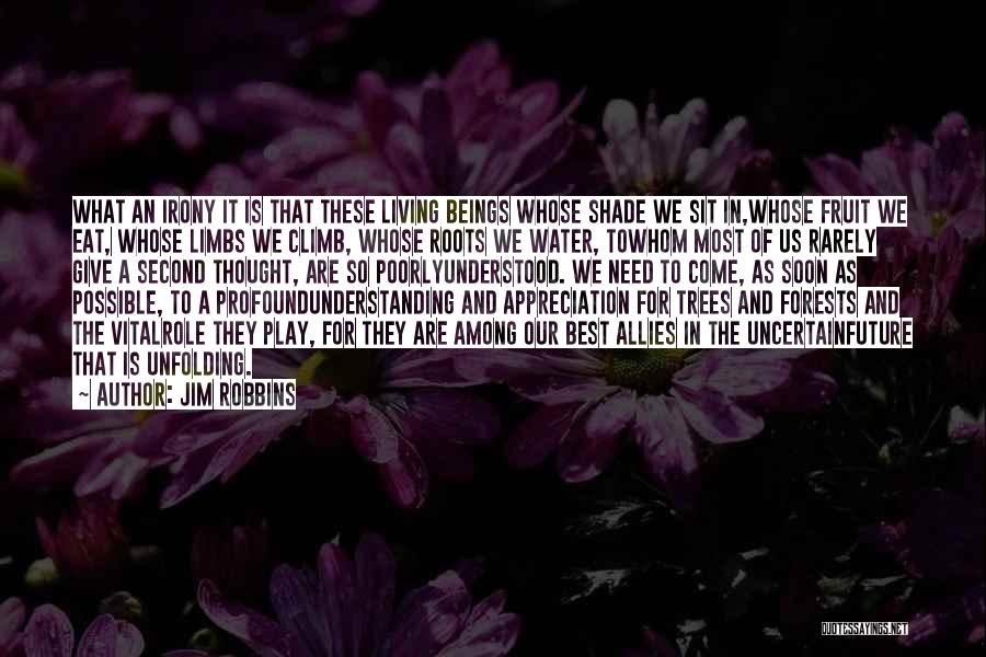 Jim Robbins Quotes: What An Irony It Is That These Living Beings Whose Shade We Sit In,whose Fruit We Eat, Whose Limbs We