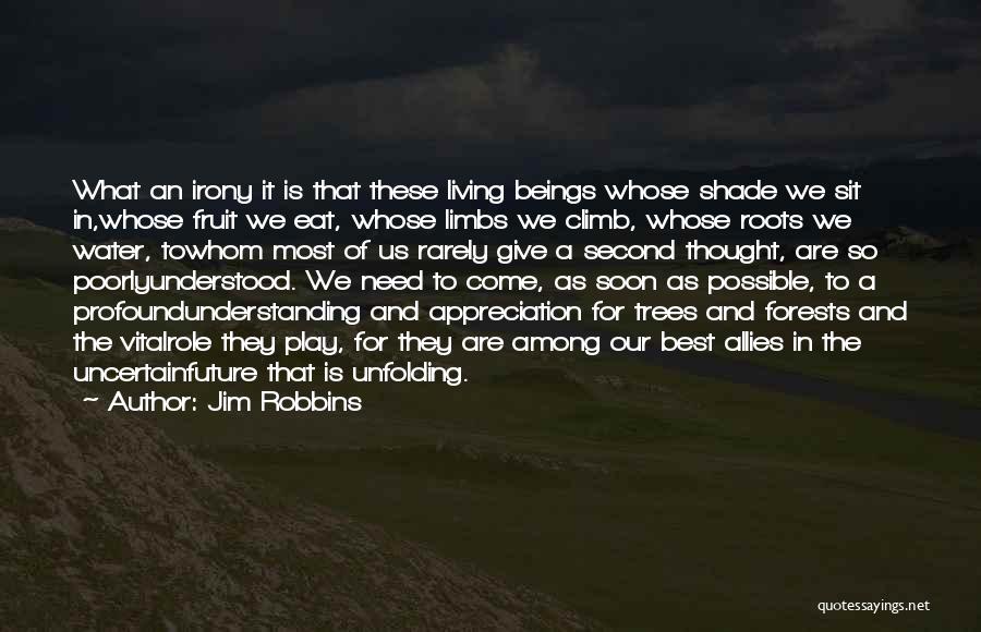 Jim Robbins Quotes: What An Irony It Is That These Living Beings Whose Shade We Sit In,whose Fruit We Eat, Whose Limbs We