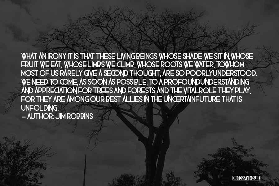 Jim Robbins Quotes: What An Irony It Is That These Living Beings Whose Shade We Sit In,whose Fruit We Eat, Whose Limbs We