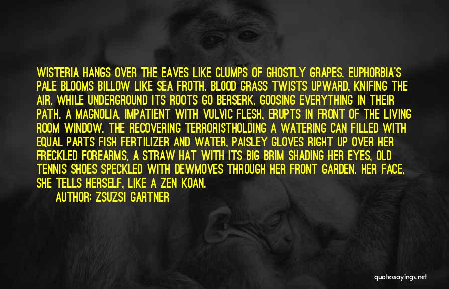 Zsuzsi Gartner Quotes: Wisteria Hangs Over The Eaves Like Clumps Of Ghostly Grapes. Euphorbia's Pale Blooms Billow Like Sea Froth. Blood Grass Twists